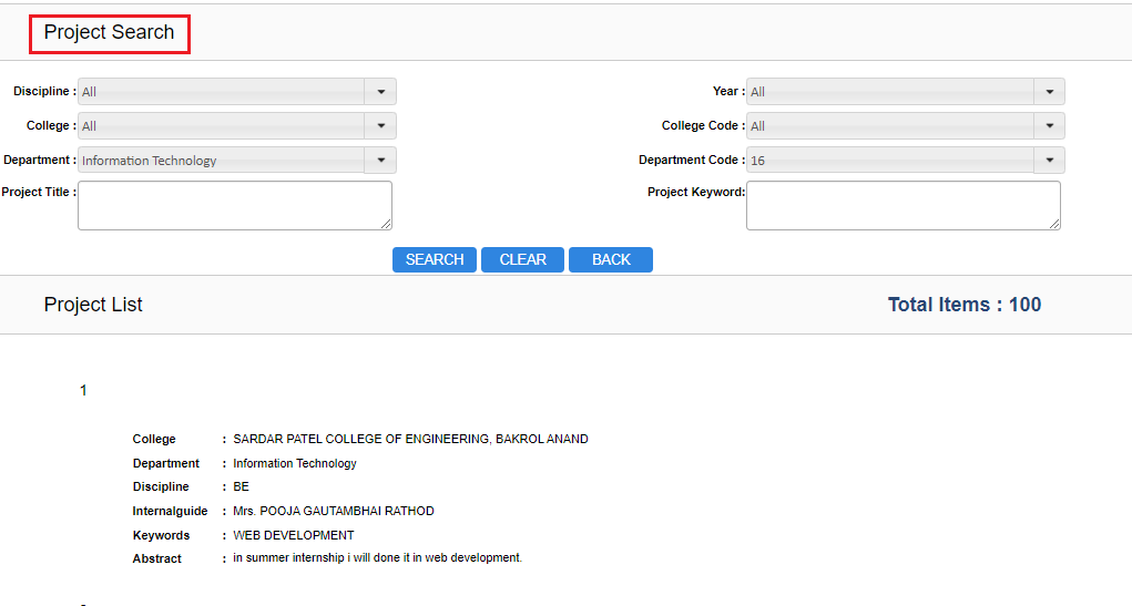 GTU pmms portal project list