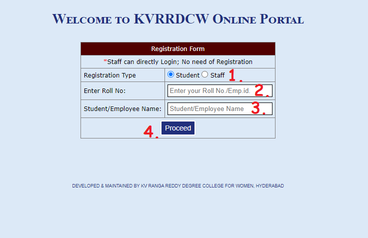 KVRRDCW online portal Student Registration